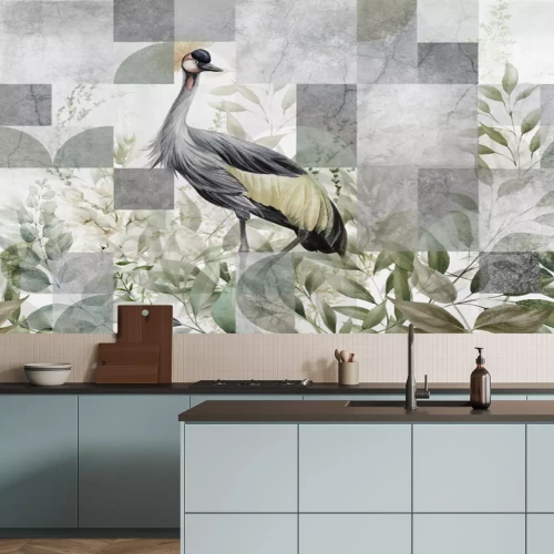 Papier peint  Grue Parmi les Feuilles sur un Fond Géométrique