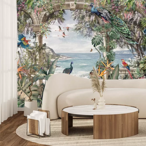 Papier peint  Oiseaux exotiques, flamants roses et paons sous les tropiques