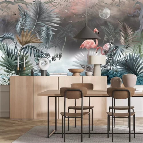 Papier peint  Paysage sauvage avec des flamants roses, la lune et le lac