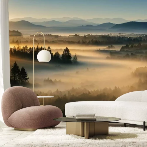 Papier peint  Paysage montagneux avec forêt au lever du soleil