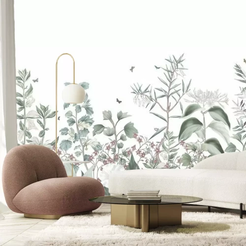 Papier peint  Flowers and plants wallpaper design in pastel tones, pattern design, isolated on white background, textile fabric, oil painting, brush texture, mural art.