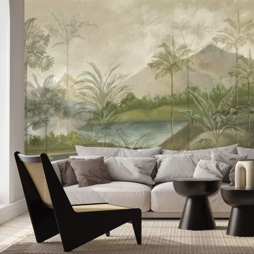 Papier peint  Tropical landscape wallpaper design with oil painting effect, lake and mountain, vintage view, palm and banana trees, mural art.