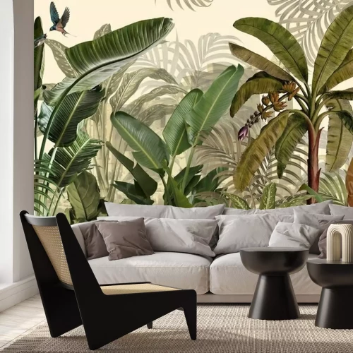 Papier peint  Tropical plants wallpaper design, Jungle background, big leaf and bird, back yard, landscape, mural art.