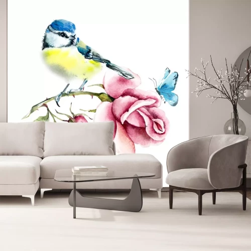 Sticker  Une mésange sur une branche de rose