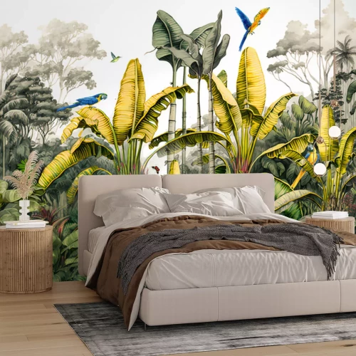 Papier peint  Plantes tropicales et perroquets dans la jungle
