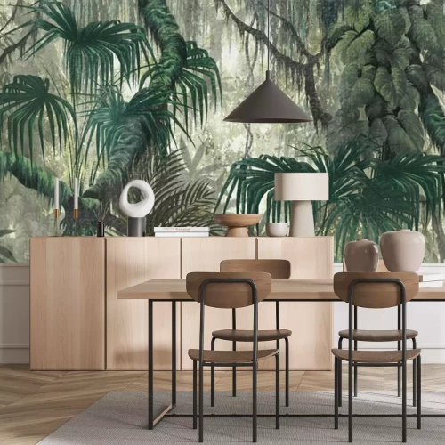Papier peint  Tropical plants and trees on a textural background photo wallpaper in the interior