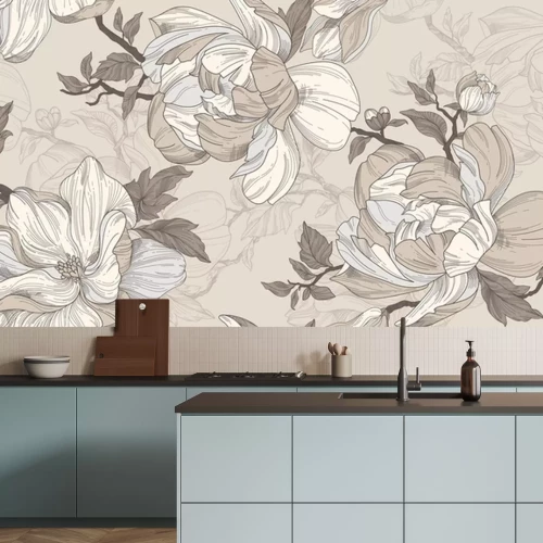 Papier peint  Seamless wallpaper pattern. Beige and silver flowers, leaves and branches. Textile composition, hand drawn style print.