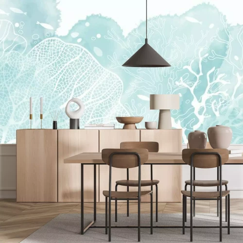 Papier peint  Motif nautique avec corail et poissons bleus