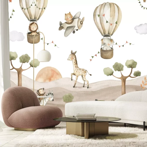 Papier peint  Safari Animals Baby Watercolor Illustration with lion, zebra, giraffe, monkey and elephant in hot air balloons