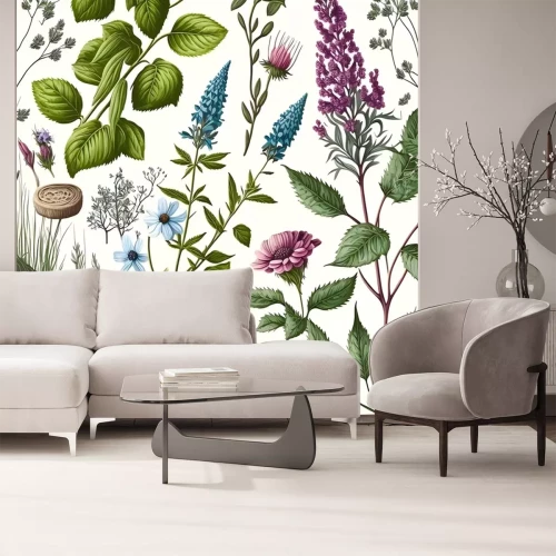 Papier peint  Fleurs et herbes sauvages sur fond blanc