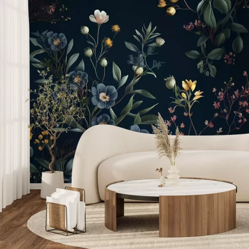 Papier peint  Fourrés de fleurs bleu marine