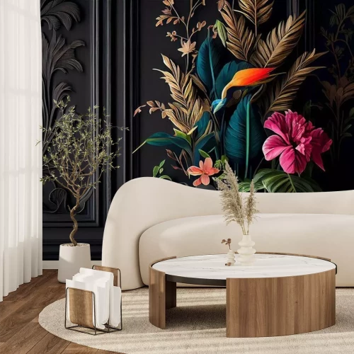 Papier peint  Stuc foncé et fleurs 3D exotiques