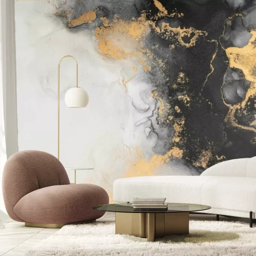 Papier peint  Texture marbre noir et blanc aux touches dorées