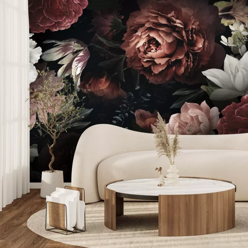 Papier peint  Pivoines, Roses et Autres Fleurs sur un Fond Noir