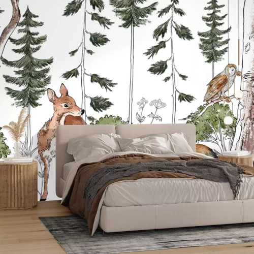 Papier peint  Animaux mignons dans une forêt aquarelle