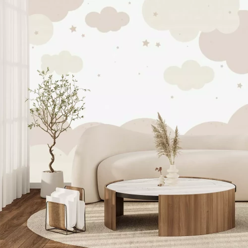 Papier peint  Cute hand drawn clouds and stars. Baby vector illustration in pastel colors for decorating a kids room. Wall art of the nursery. Trendy design of air clouds for children's interior.