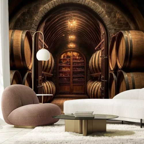 Papier peint  A tunnel with wine barrels in it and a light hanging from the ceiling above it and a brick floor and a brick wall with a light fixture on the ceiling above it and a brick.