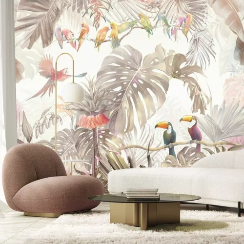 Papier peint  Tropical vintage botanical landscape, palm tree, plant, palm leaves, birds, parrots.