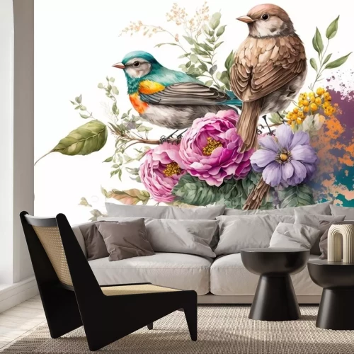 Sticker  Bosquets de fleurs avec des oiseaux