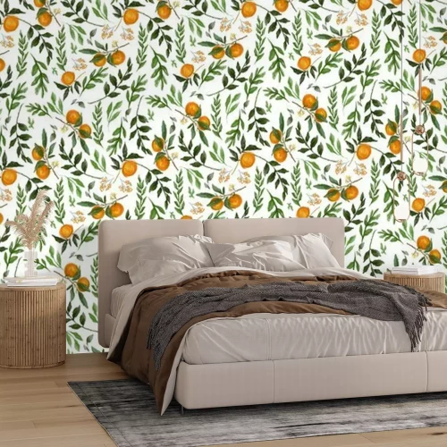 Papier peint  Orange pattern design, leaf and fruit wallpaper design, seamless pattern, oil painting texture, mural art.