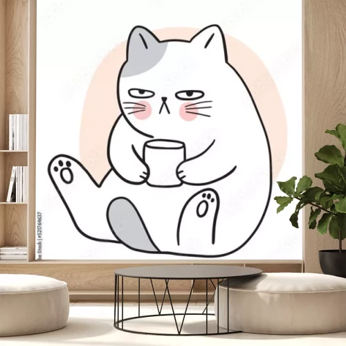 Sticker  Chat blanc avec une tasse