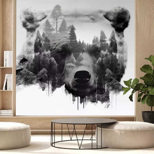 Papier peint  Portrait noir et blanc d'un ours avec un paysage forestier