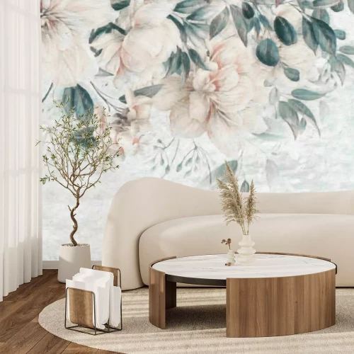 Papier peint  Roses et feuilles vertes sur fond texturé