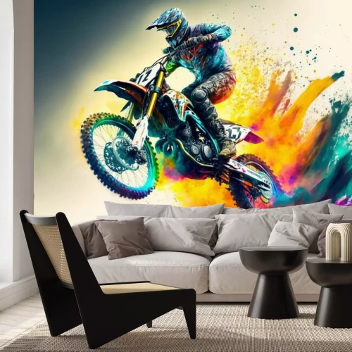 Papier peint  Dirt bike rider doing a big jump. Supercross, motocross, high speed. Sport concept. Digital art