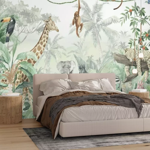 Papier peint  Illustration d'animaux sauvages dans une jungle dense