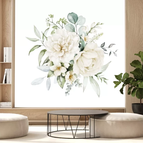 Sticker  Watercolor floral illustration bouquet - white flowers, rose, peony, green and gold leaf branches collection. Wedding stationary, greetings, wallpapers, fashion, background. Eucalyptus, olive, leaves.