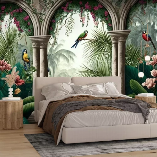 Papier peint  Tropical wall arch wallpaper palm trees birds and parro
