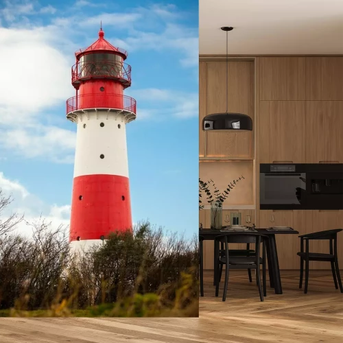 Papier peint  Phare maritime blanc et rouge avec petites fenêtres