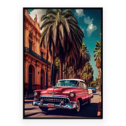 Poster  Une voiture rétro dans une ville cubaine avec des palmiers