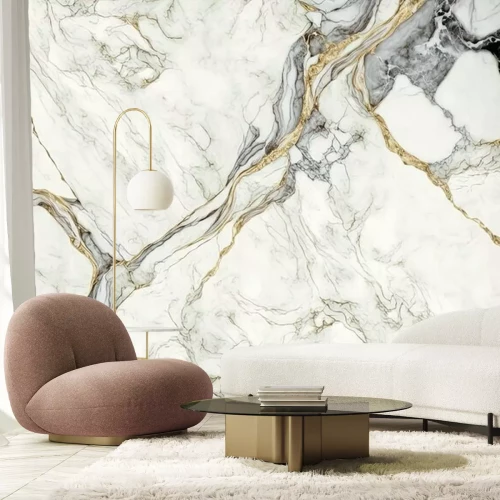 Papier peint  Marbre gris et blanc aux délicates veines dorées