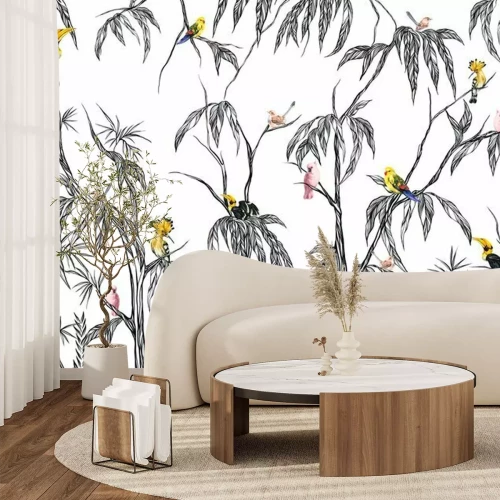 Papier peint  Oiseaux jaunes dans le fourré