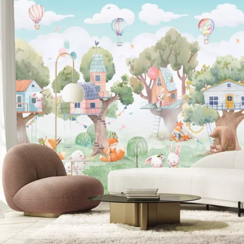 Papier peint  Childish watercolor illustration with animals and balloons. Can be used for wallpapers, postcards,