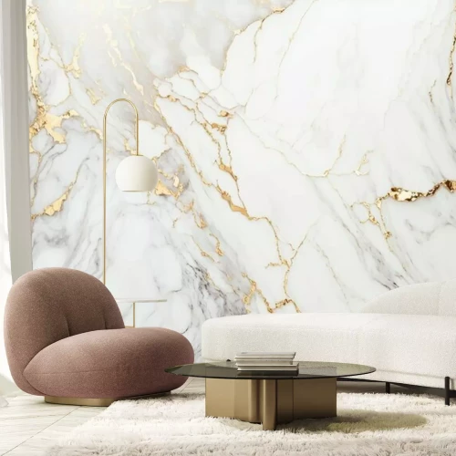 Papier peint  Marbre blanc avec veines dorées et grises