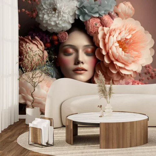 Papier peint  Portrait abstrait d'une femme la tête couverte de fleurs