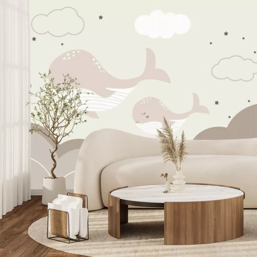 Papier peint  Baleines dans le ciel avec étoiles et nuages motif féerique