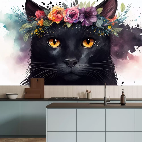 Sticker  Chat noir dans une couronne de fleurs