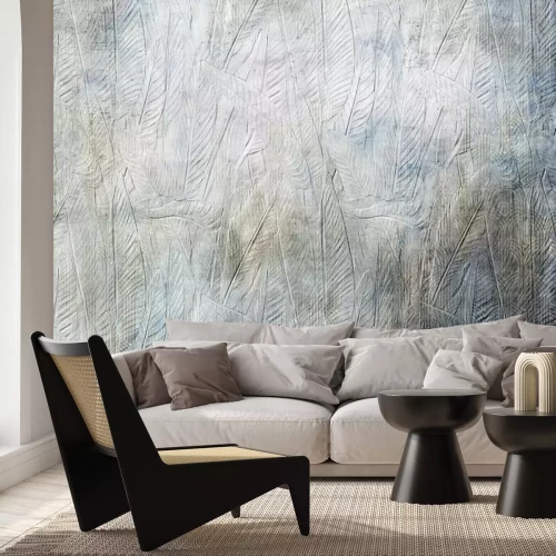 Papier peint  Feuilles tropicales sur un fond texturé avec des formes géométriques