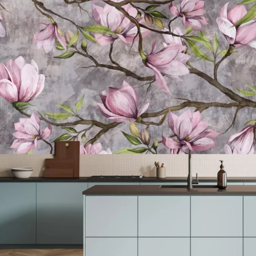 Papier peint  magnolia branch on a textured background, pastel colors and black accents, photo wallpaper in a room or home interior