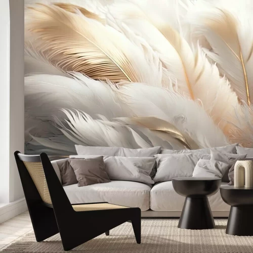 Papier peint  Soft and fluffy background, bird feathers, white and gold pastel colored feathers. AI