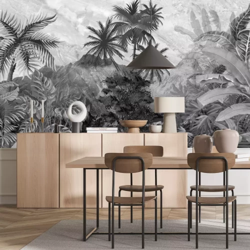 Papier peint  Jungle tropicale avec des palmiers en gris