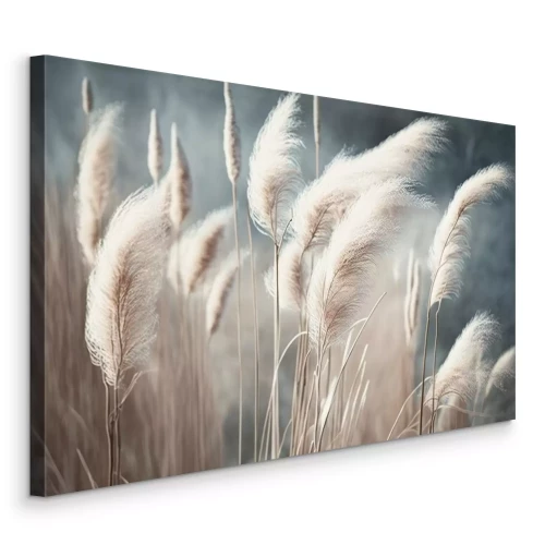 Tableau  soft vegetation on an abstracted natural background Selloan cortaderia Pampas grass with a boho style background of dry reeds. wintertime fluffy long grass stems. Generative AI