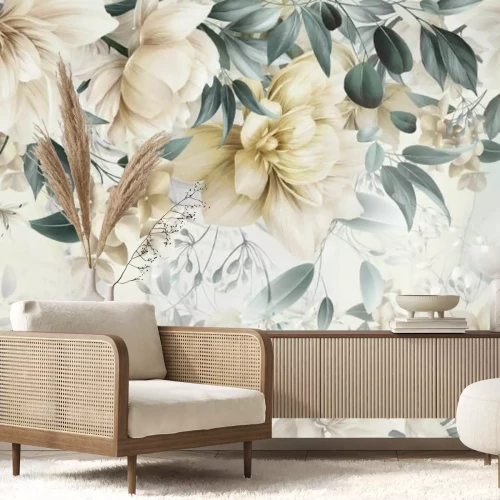 Papier peint  Fleurs jaunes parmi les feuilles vertes