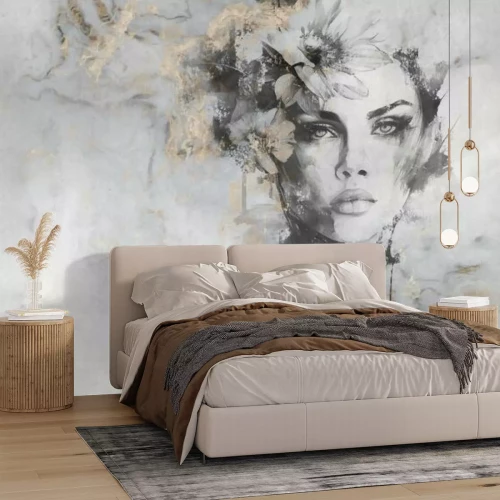 Papier peint  Beau portrait d'une femme sur du béton avec des éléments dorés