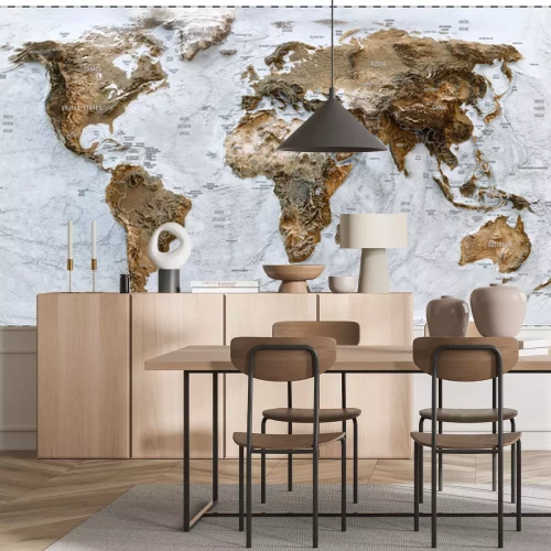 Papier peint  3D World map of the Earth with exaggerated topographic relief and countries names and boundaries. High detailed global world physical map. Planet map with continents, countries borders, water objects