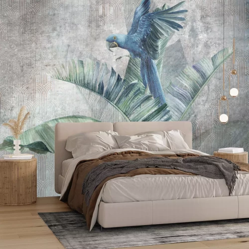 Papier peint  Parrot on big banana leaves. Grunge photo wallpaper with abstract elements . for wallpaper, fresco, mural, poster, card.