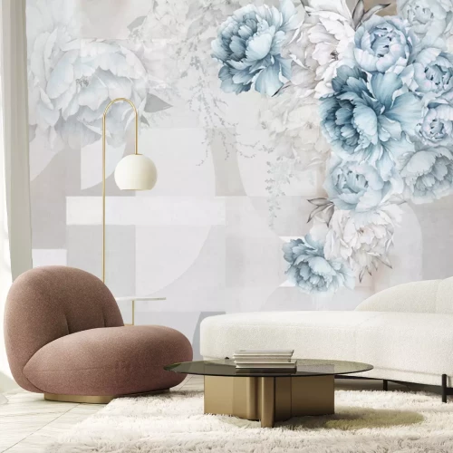 Papier peint  Pivoines Bleues et Mur en Béton Géométrique